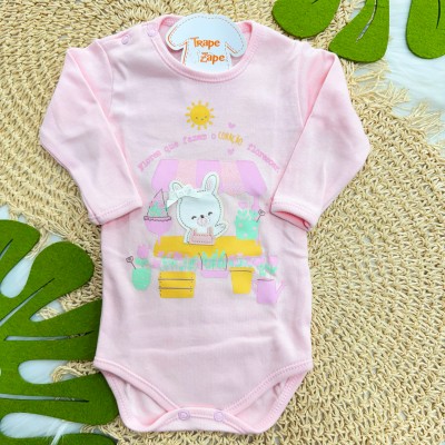 Kit 3 Peças - Bodys Manga Longa Flores Que Fazem O Coração Florescer - Rosa, Off White e Rose